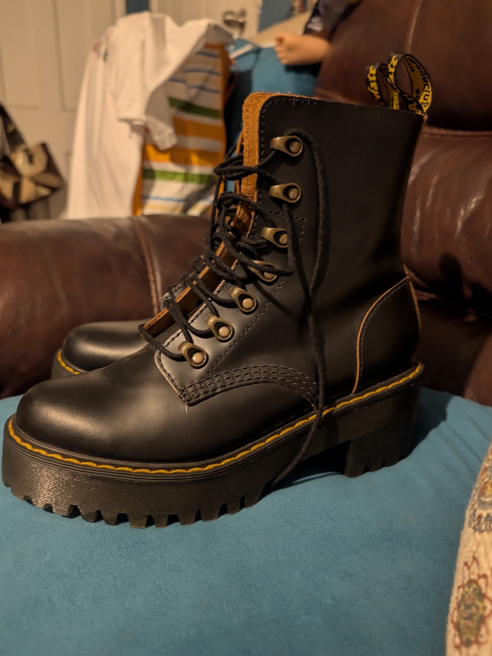 Dr. Martenz Black Lace-Up Platform Combat Boots with Yellow Stitching